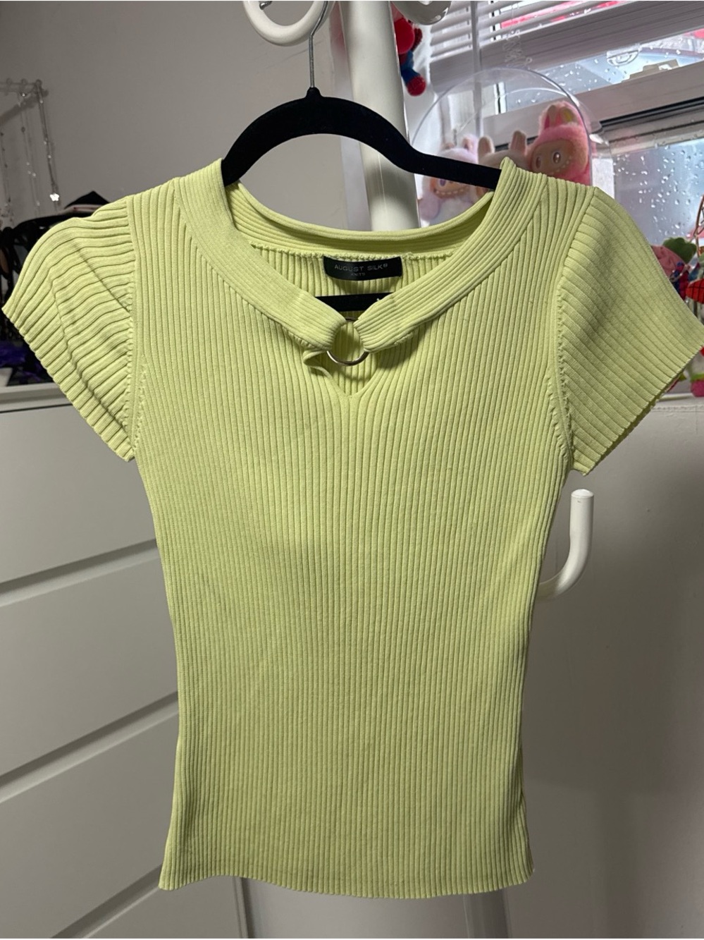 August Silk Lime Green Ribbed Ring Detail Top